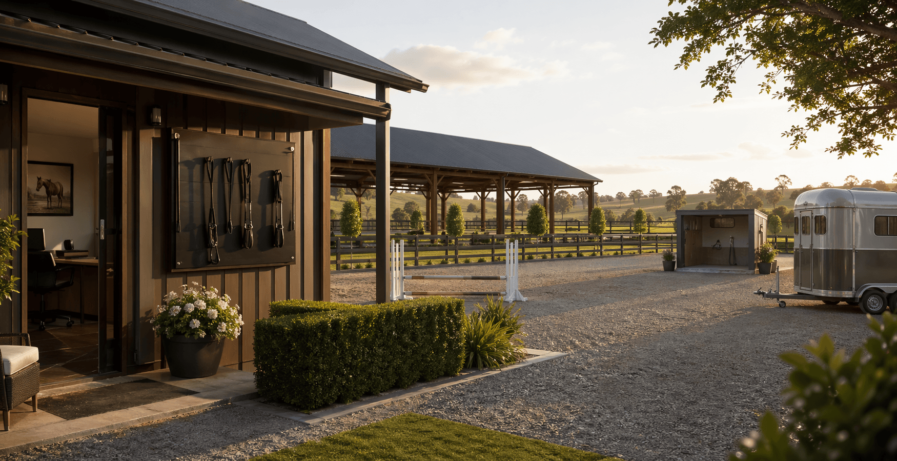 Franklin equestrian facility yard with arena access, float parking, and host operations context